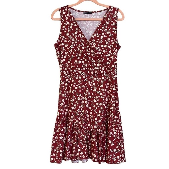 Fensace Dresses & Skirts - Fensace Womens Red With Yellow Floral Sun Dress Sleeveless Teared Skirt
